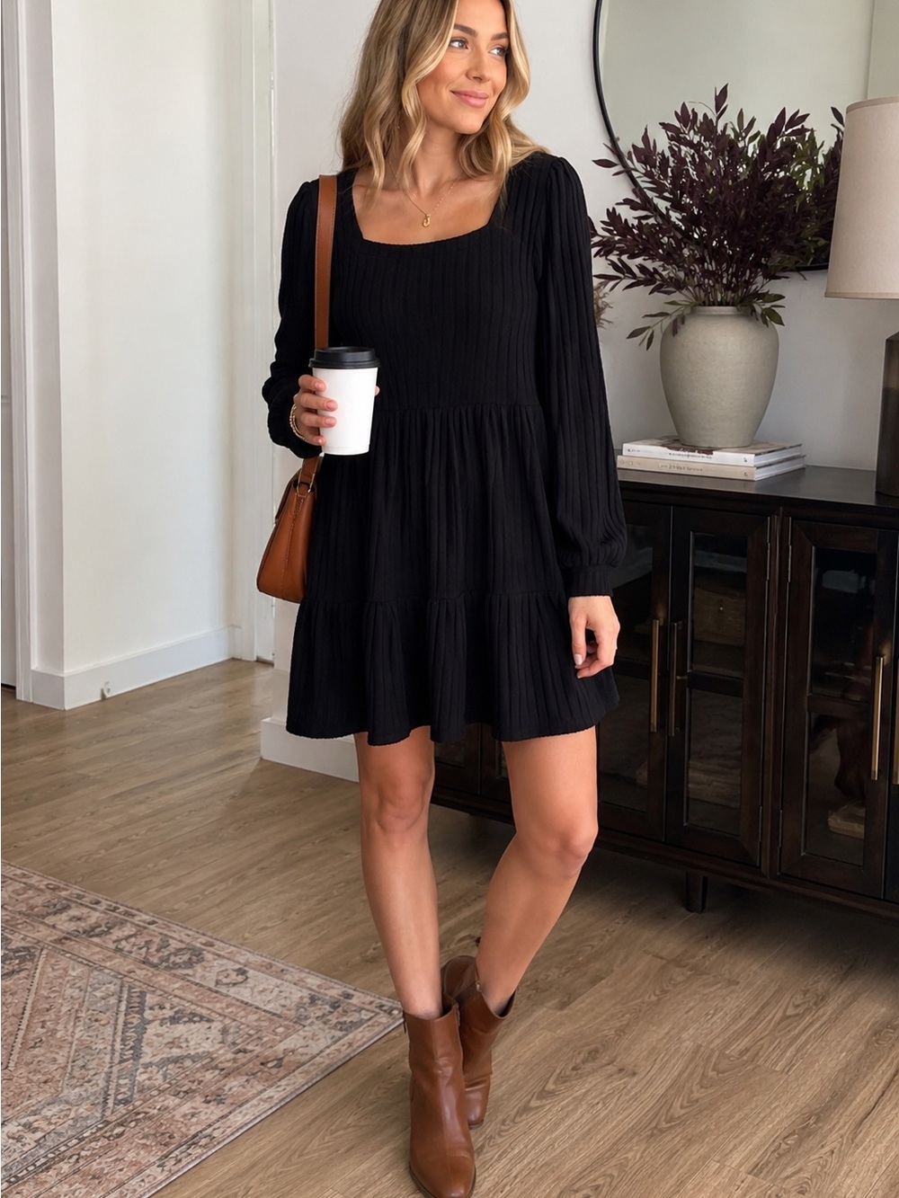 Sampeel Black Ribbed Tiered Long Sleeve Mini Dress Size M